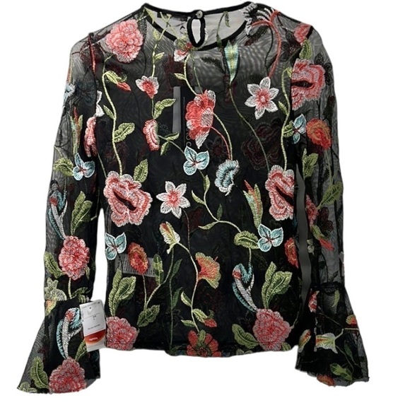 Piano C Top Shirt S Black Sheer Flower Embroidered Bell Sleeve NWT Whimsigoth - Picture 9 of 12